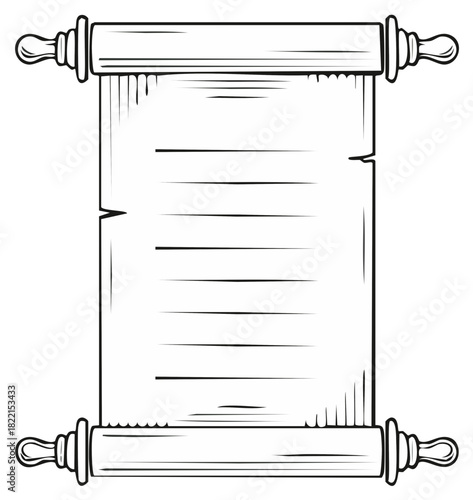 Vintage unrolled parchment scroll illustration with blank paper space and ornate wooden handles, ready for custom text or message.