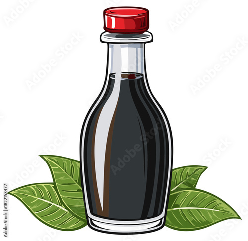 Bottle of dark soy sauce with red cap and green leaves