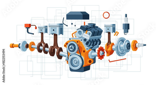 An exploded view of a car engine, showcasing its internal components and mechanics.