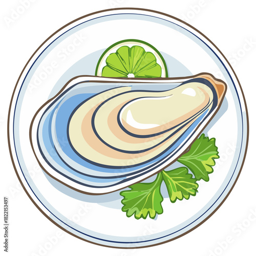 Freshly Shucked Oyster with Lime and Herb Garnish on a Plate, Appetizing Seafood Illustration