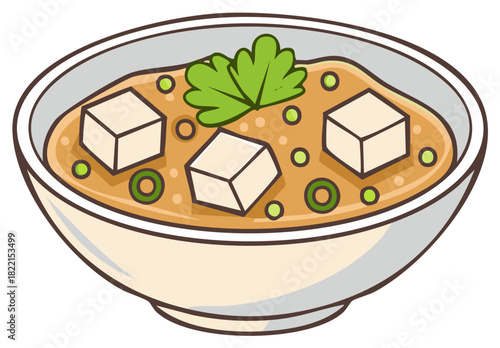 Simple Miso Soup with Tofu Cubes and Green Garnish in Bowl