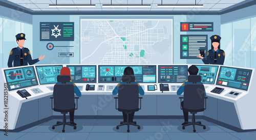 Inside a police control room, officers monitor screens and coordinate operations.