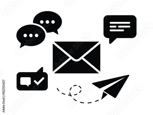 Illustration of an envelope surrounded by speech bubbles and a paper airplane