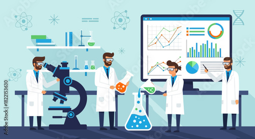 Researchers in a modern laboratory conducting experiments and data analysis.