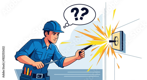 Vector illustration of a confused electrician making a dangerous mistake with a sparking electrical outlet, causing a short circuit.