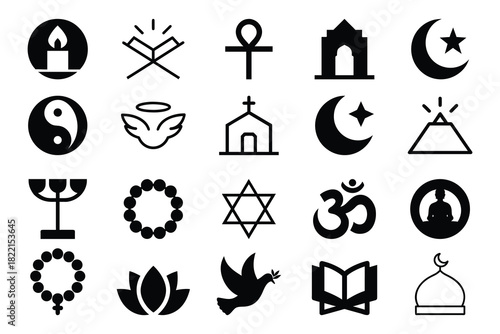 Collection of black religious and spiritual symbols on white religion spirituality