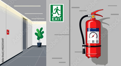 A fire extinguisher and an exit sign on a wall in a modern building hallway with a fire alarm and a plant.
