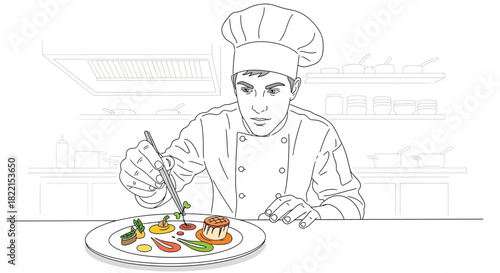 A focused chef in a professional kitchen meticulously garnishing a gourmet dish with tweezers, showcasing culinary artistry and precision.