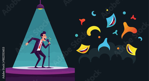 A man in a suit performs stand-up comedy on a stage with a spotlight.