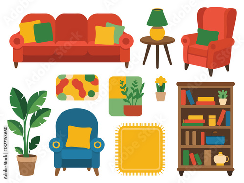 Illustration of furniture including a couch chairs and a bookshelf on white
