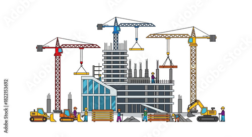 Busy construction site with cranes and modern buildings under development in an urban cityscape.