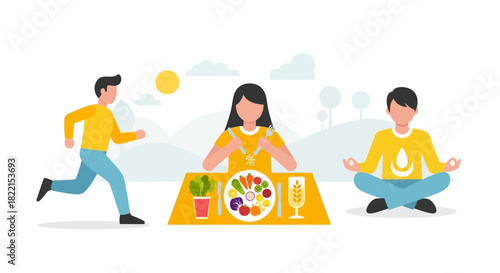 Illustration depicting a healthy lifestyle with people running, eating nutritious food, and meditating.