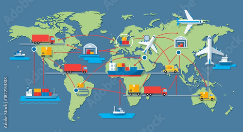 Global logistics network with various transport modes connecting different regions on a world map, illustrating international supply chain and freight distribution.