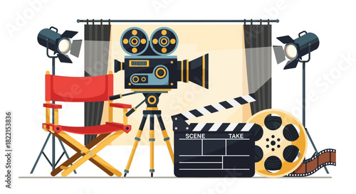 Vintage film camera, director's chair, clapperboard, film reel, and studio lights on a set, representing movie production.