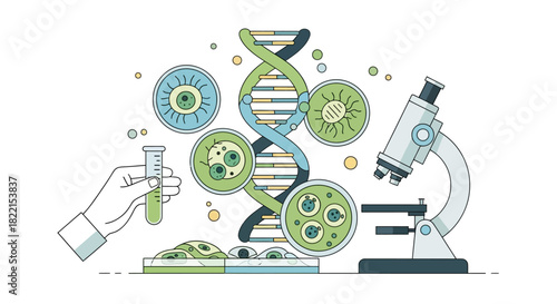 Illustration of a DNA strand with various scientific elements, including a microscope and petri dishes.