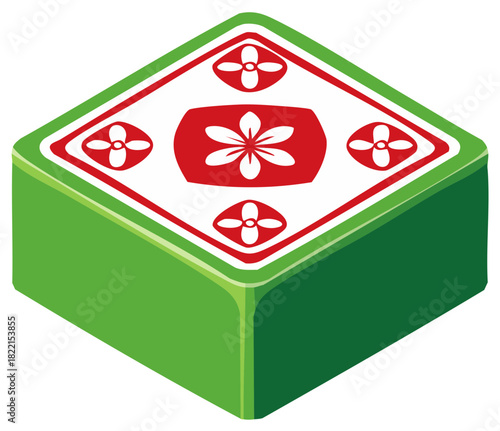 Isometric Mahjong Tile with Flower and Wind Symbols in Green Red and White