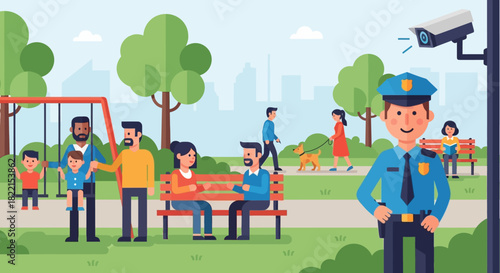 Illustration of a park with people, a swing set, and a security camera.