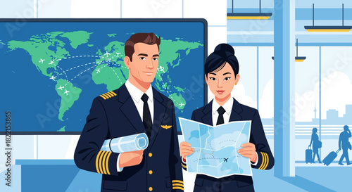Male and female airline pilots in uniform studying a flight map together in an airport terminal with a world map display in the background.