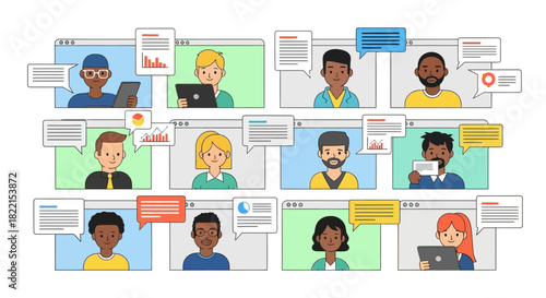 Diverse group of people in a video conference call with speech bubbles.