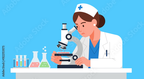 Female scientist or medical researcher working in a laboratory, looking through a microscope with beakers and test tubes nearby.