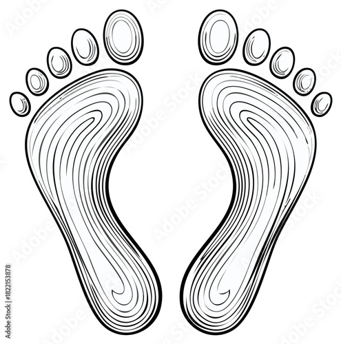 Black and white illustration of footprints, walking and steps