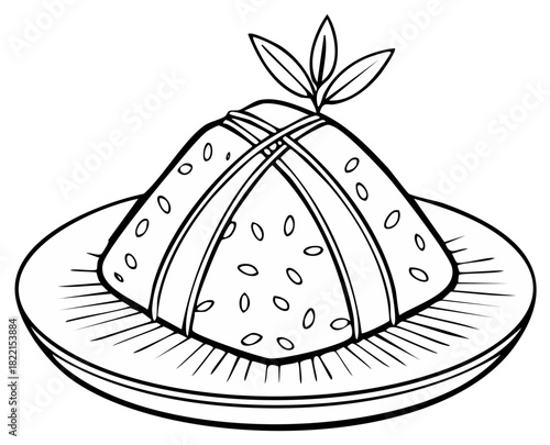 Outlined zongzi glutinous rice dumplings served on plate for coloring book or educational resource