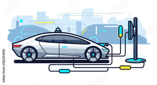 Futuristic self-driving electric car plugged into a charging station in a modern smart city illustration.