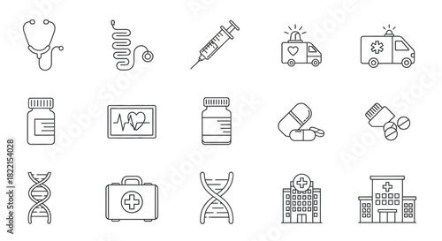 Collection of medical and healthcare-related icons, including stethoscope, syringe, and ambulance.