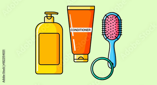 Illustration of shampoo, conditioner, hairbrush, and hair tie on a light green background.