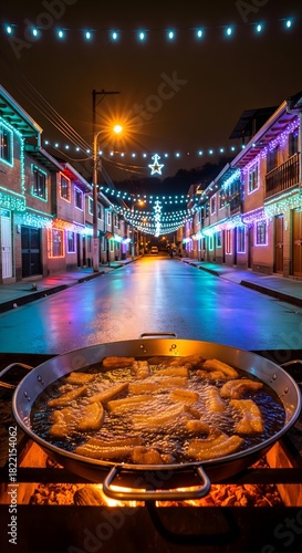 Traditional Colombian Fritanga Cooking on a Street Fire with Festive Christmas Lights Decoration in the Background at Night
