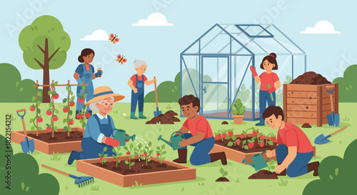 Community garden with people tending to plants and vegetables in raised beds.