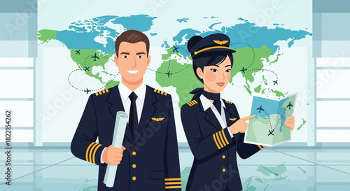 Two pilots, a man and a woman, stand in front of a world map, holding documents and a map.