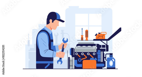 Male auto mechanic in uniform repairing a car engine with a wrench in a workshop.