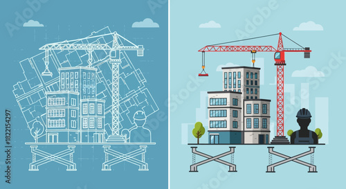 Two construction site illustrations showing a developing skyscraper with crane and scaffolding.