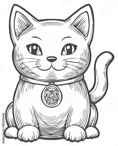 Engraved illustration of a waving lucky cat with traditional Asian style design