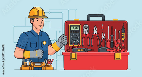 An electrician wearing a hard hat and gloves stands next to an open toolbox filled with tools.
