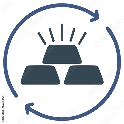 Gold bars stack with rotation arrows, investment cycle icon, money flow concept, treasure trading, return on assets.