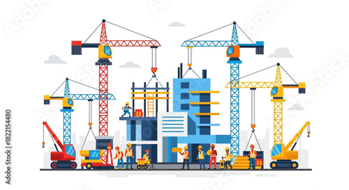 Construction site with cranes and workers building a building.