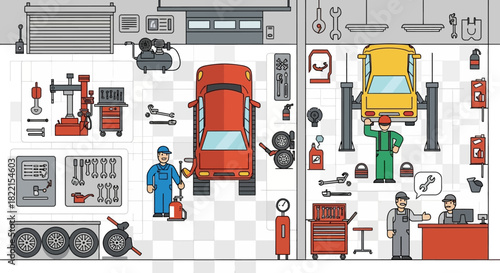 Illustration of a car repair shop with mechanics, tools, and vehicles for maintenance.