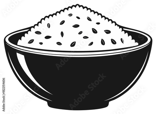 Simple black and white illustration of a bowl filled with white rice and dark grains