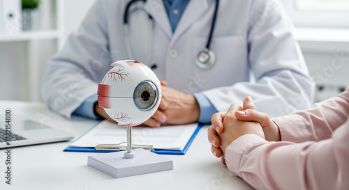 Doctor Explains Eye Anatomy to Patient Vision Health Ophthalmology Clinic Optometry Exam Medical Consultation Healthcare