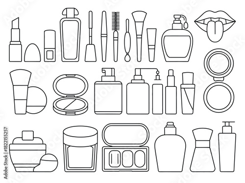 Outline illustration of various cosmetic products and beauty accessories items