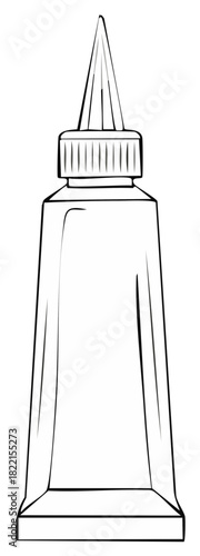 Black and white line art illustration of a glue tube with precision applicator nozzle