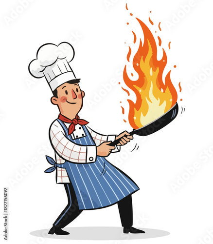 Dynamic chef flambeing food with fire in frying pan. Professional cook demonstrating culinary performance. Vector illustration of chef cooking with flames. Happy chef masterfully using frying pan 