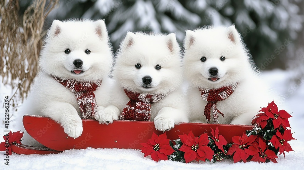 Naklejka premium Three happy Samoyed dogs with fluffy white fur sit on a red sled, adorned with scarves and poinsettias, amidst a serene snowy forest backdrop, capturing a perfect Christmas moment