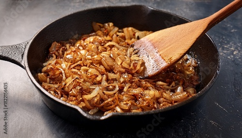 golden caramelized onions are sauteed in a cast iron skillet stirred with a wooden spatula