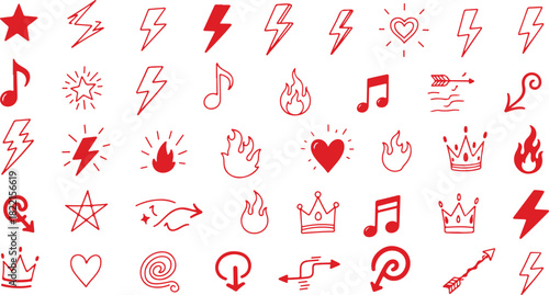 Assortment of Red Doodle Icons Including Lightning Bolts Hearts Stars and Crowns flame