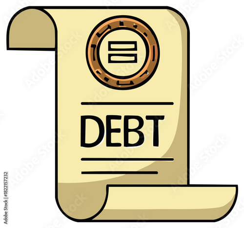 Cartoon document scroll with DEBT text and a coin graphic featuring an equality symbol