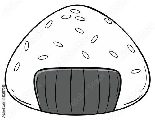 Black and white line art illustration of a traditional Japanese onigiri rice ball with sesame seeds