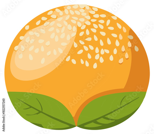 Burger bun with sesame seeds and green leaves, illustration of food